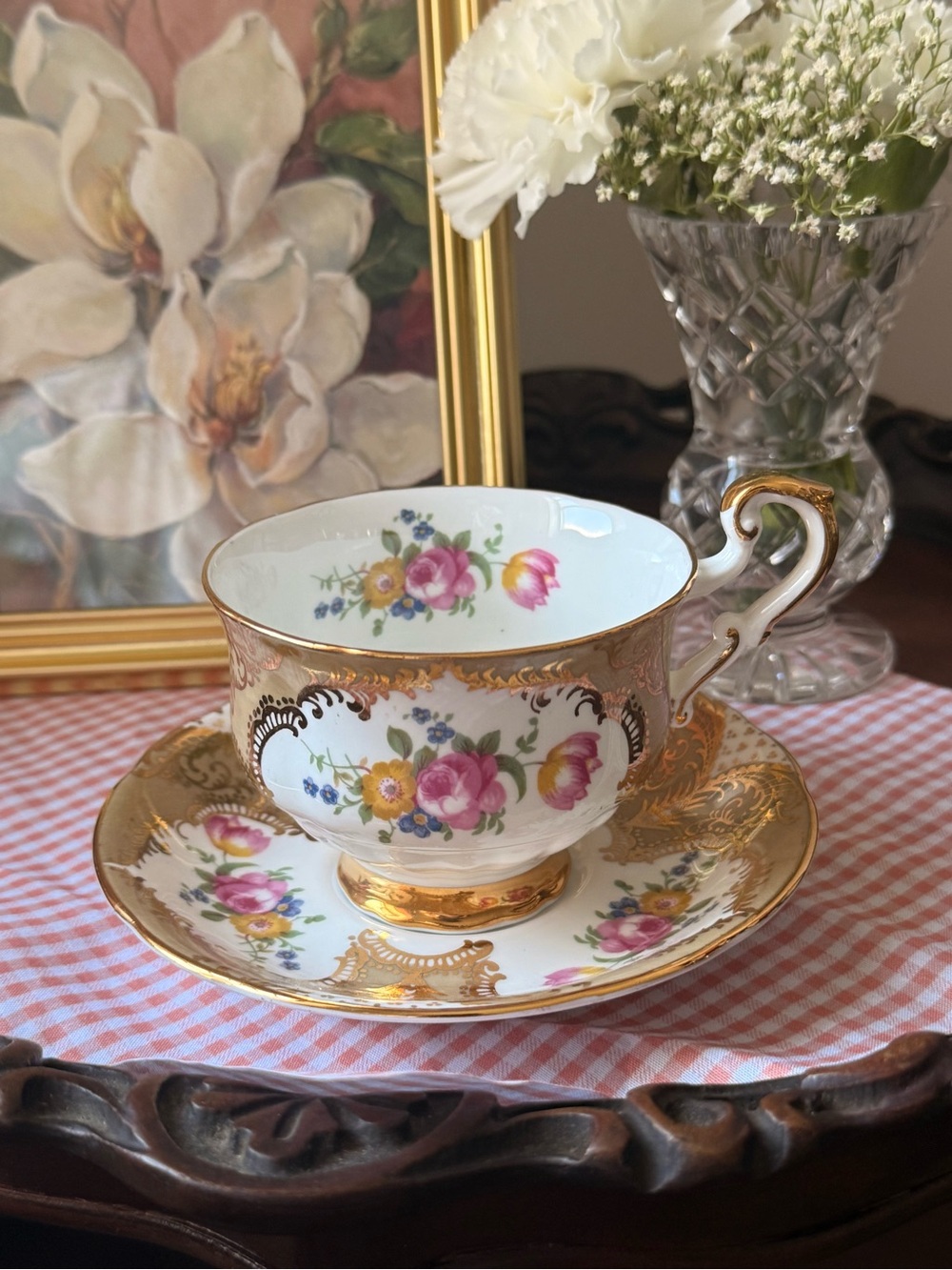 PARAGON White Porcelain Teacup and Saucer with Pink Floral and Gold Trim